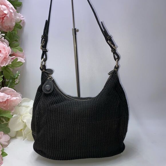 The Sak Black Crochet Shoulder Bag Leather Trim Medium - Picture 1 of 8